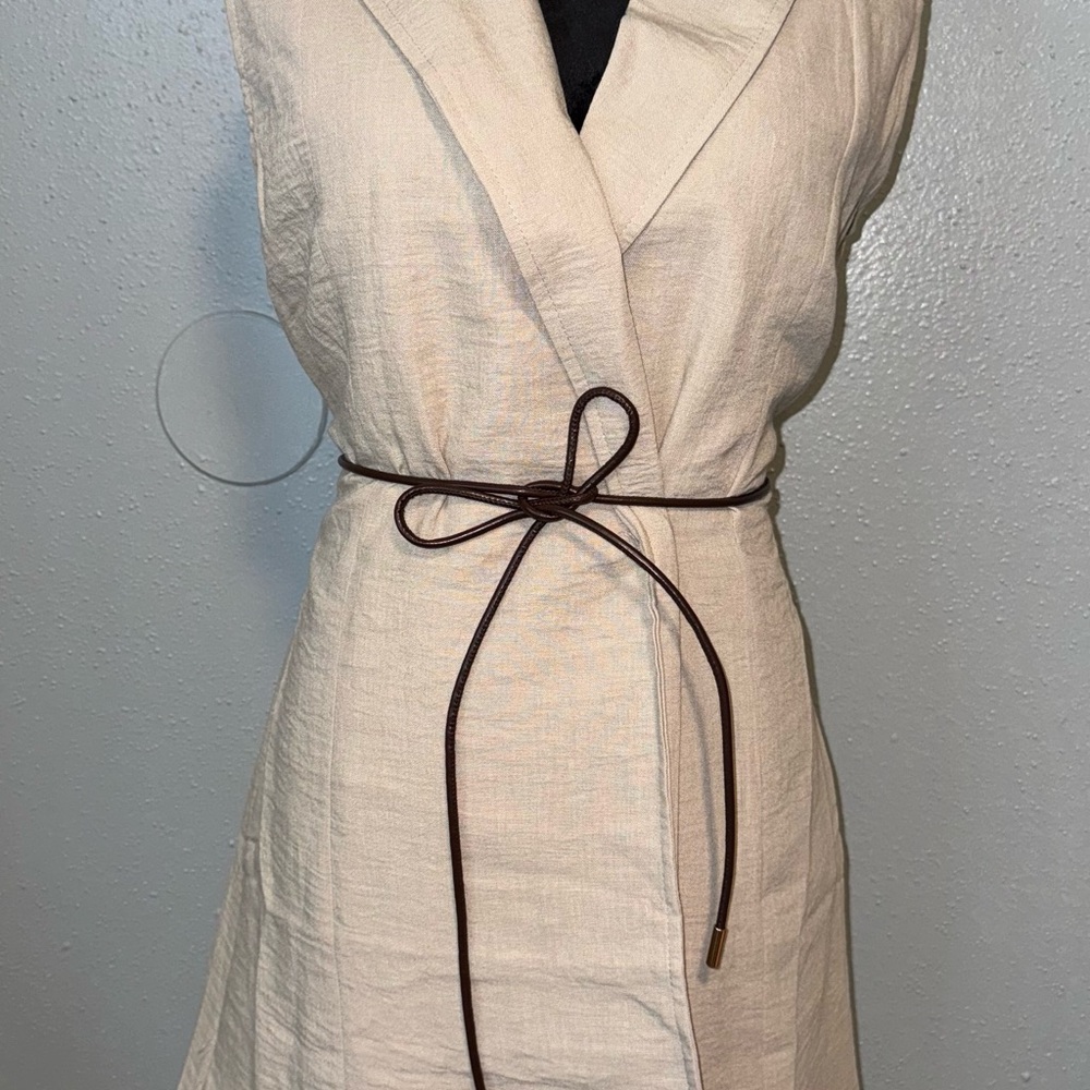 Cream Sleeveless Wrap Dress with Brown Belt